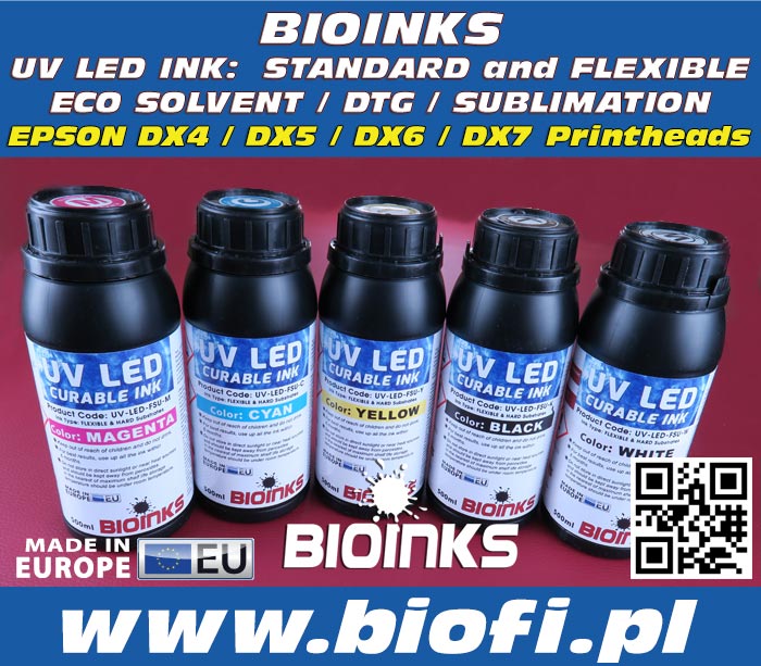 BIOINKS: UV LED INK: UV-LED-HSU 500ml for EPSON® DX4 / DX5 / DX7 PrintHeads