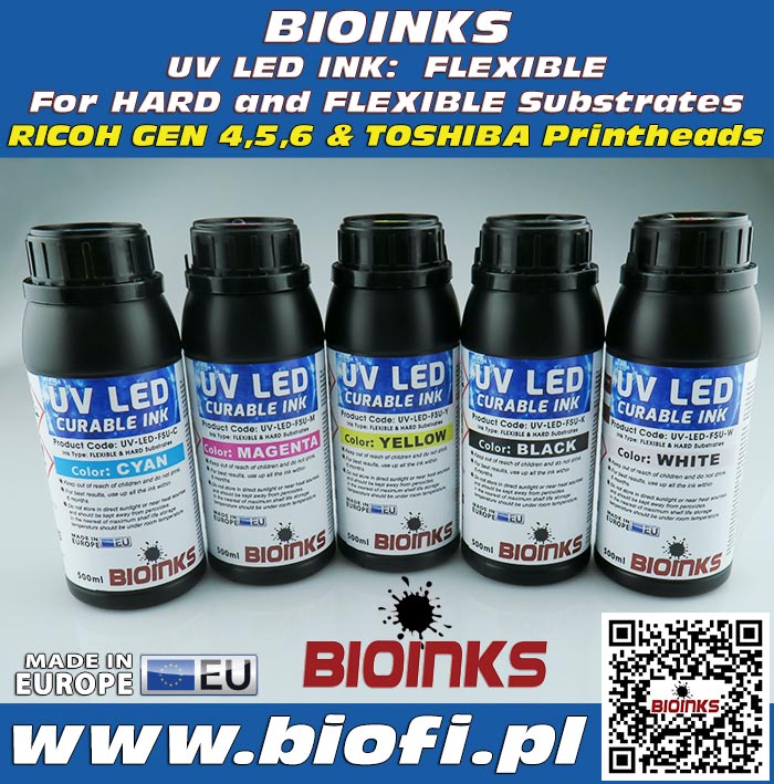 BIOINKS: UV LED INK: UV-LED-RSU 1000ml for RICOH® GEN4 & GEN5 / Toshiba® CE4M PrintHeads