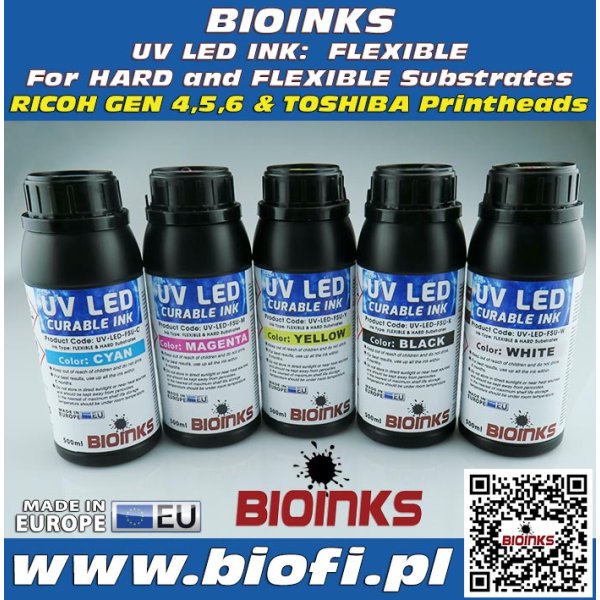 KSUX Uniwersalny i Elastyczny SinglePass - Tusz BIOINKS UV-LED Kyocera, Konica Minolta - K,C,M,Y,Lc,Lm,W,Gloss - 1000ml