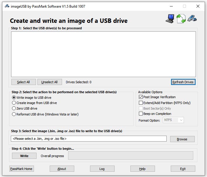 Okno programu imageUSB PassMark — cztery kroki masowego zapisu danych na pendrive