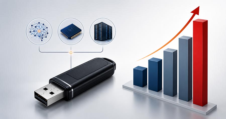 Wykres wzrostu cen pamięci NAND flash 2025-2026 (+452% YoY)