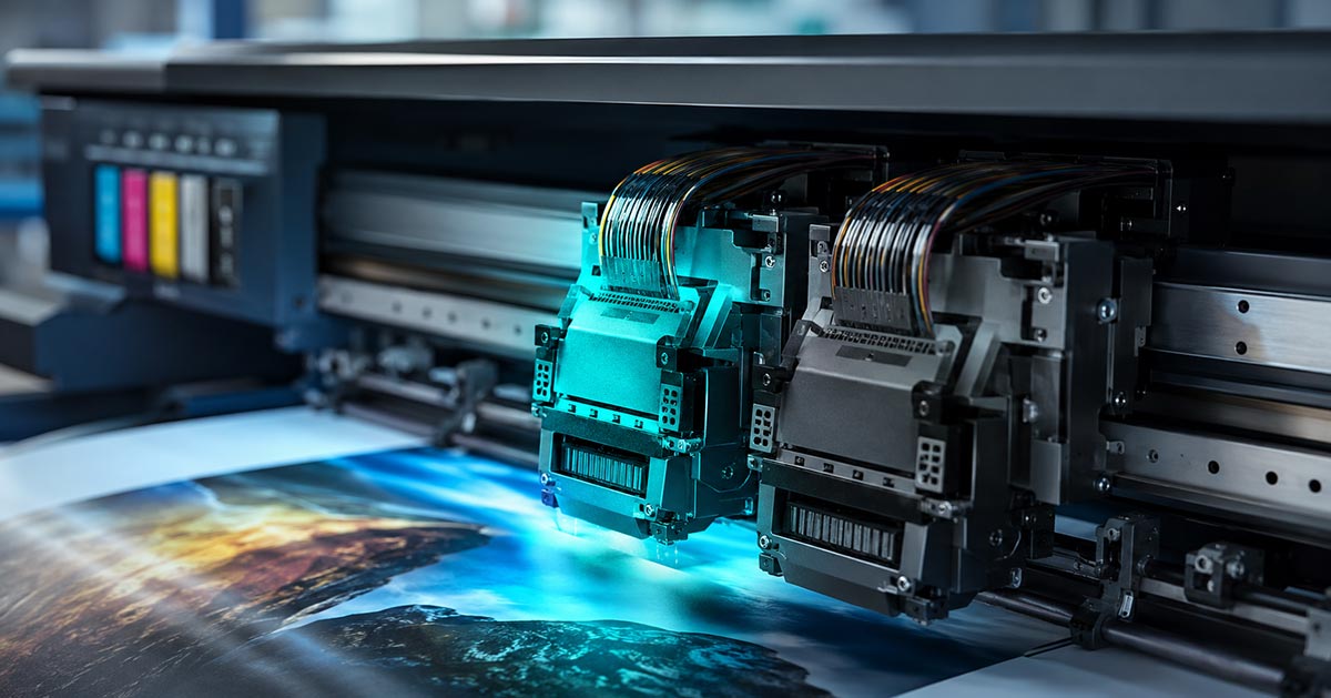 Karetka plotera Mimaki JV300 z dwiema głowicami drukującymi — jedna aktywna, jedna wyłączona
